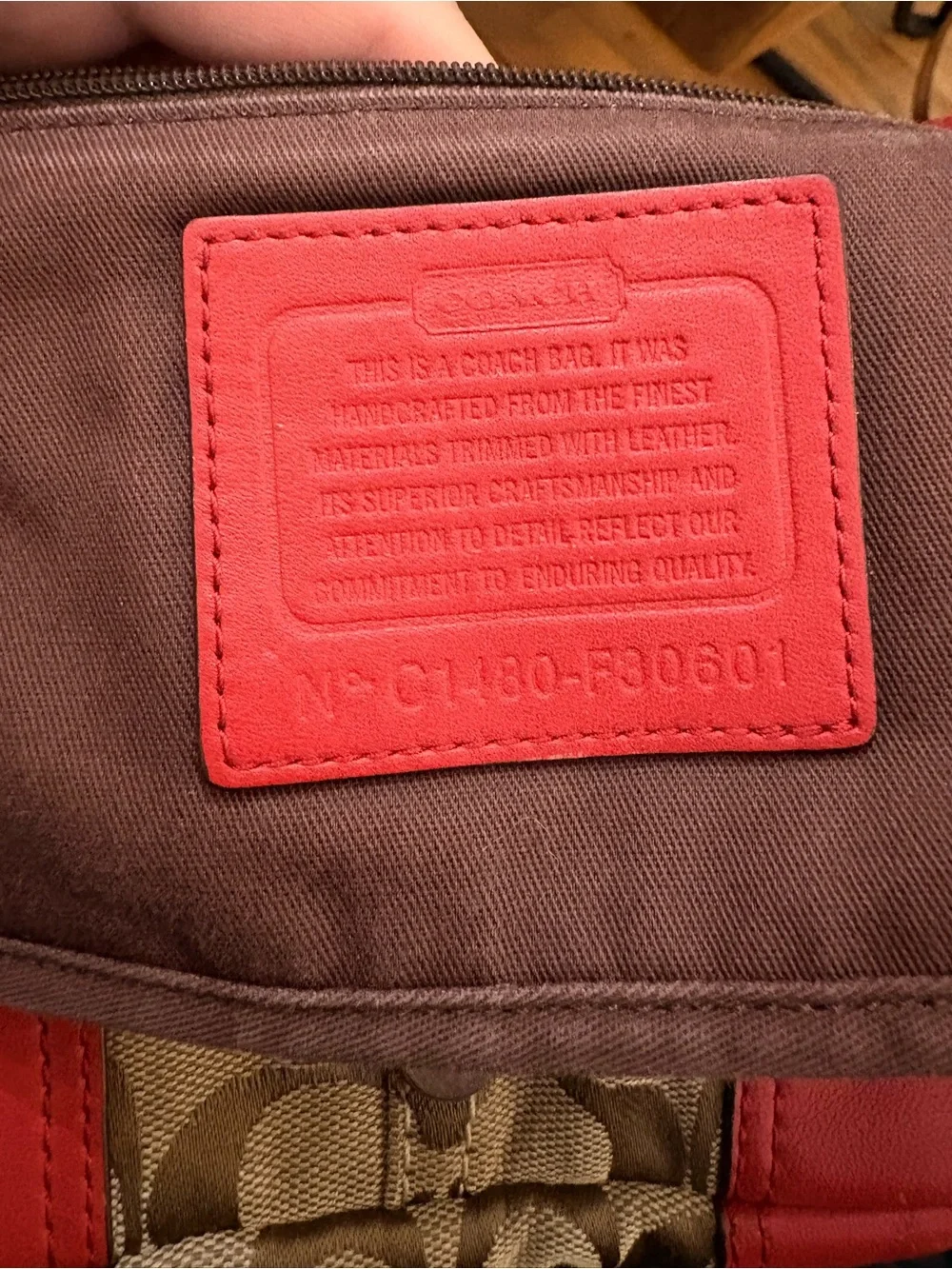 Coach Khaki Signature Canvas Crossbody with Red Trim